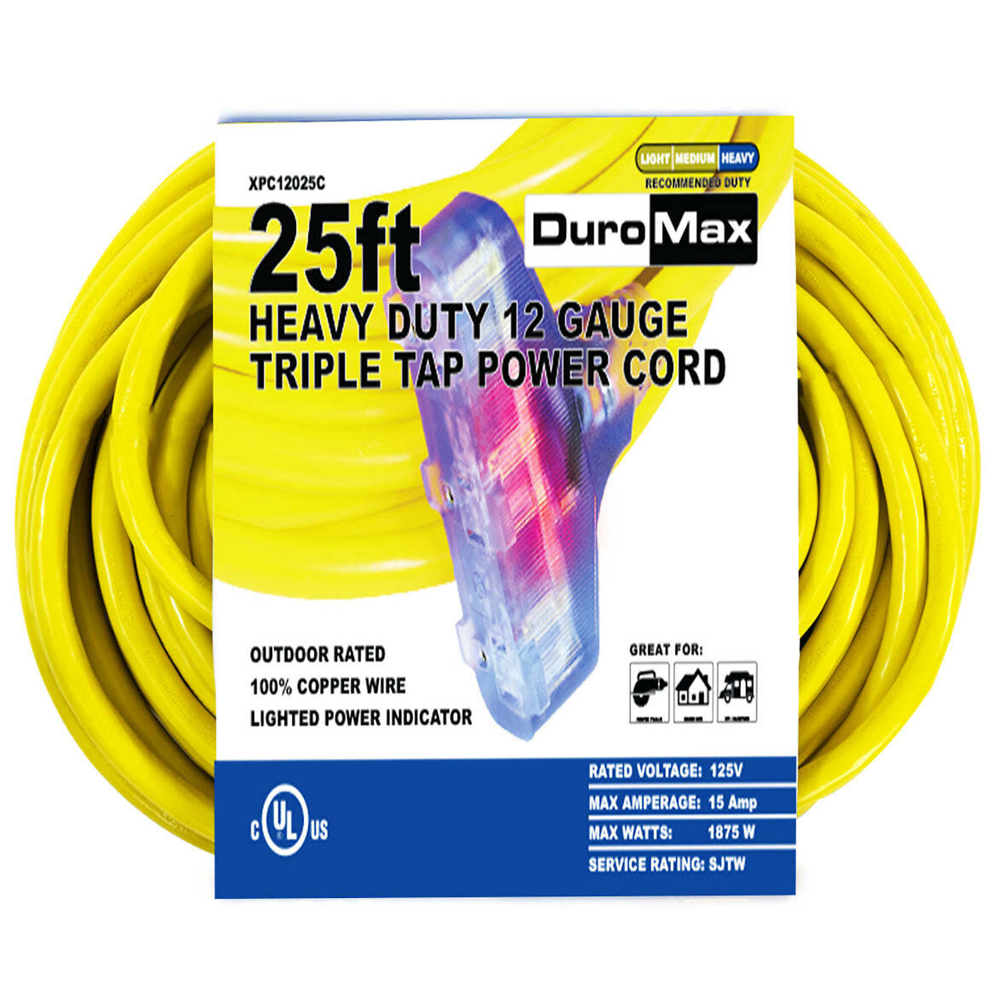 DuroMax, 25ft. 12 Gauge Triple Tap Extension Cord, Amps 15, Cord Length